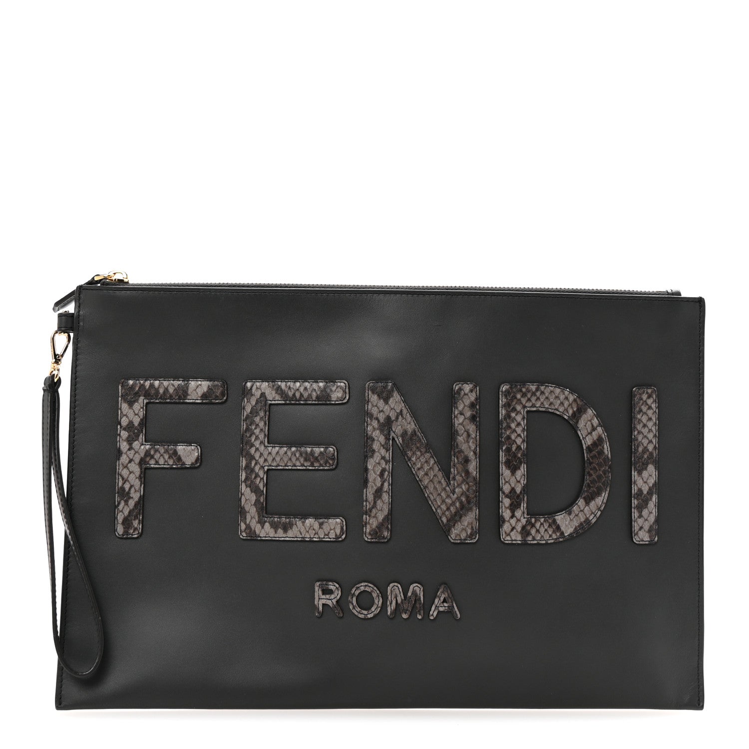 Fendi Vitello King Luxor Elaphe Snakeskin Print Logo Medium Flat Pouch Anthracite Asphalt 1 of 6
