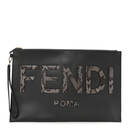 Fendi Vitello King Luxor Elaphe Snakeskin Print Logo Medium Flat Pouch Anthracite Asphalt 1 of 6