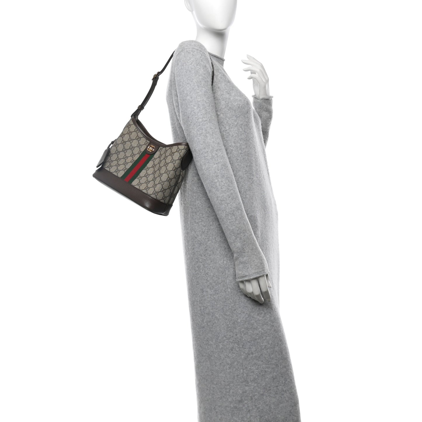 GG Supreme Monogram Textured Dollar Calfskin Web Small Ophidia Bucket Shoulder Bag Beige Ebony New Acero