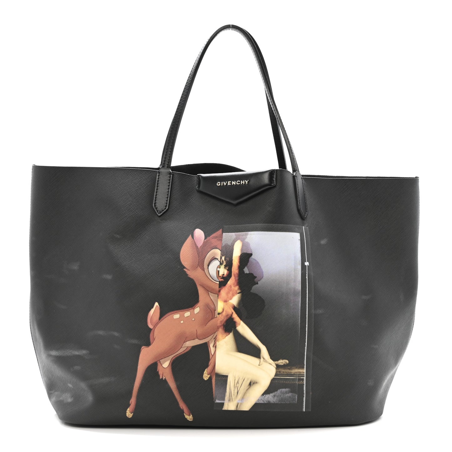 Textured Coated Canvas Bambi Print Large Antigona Tote Black