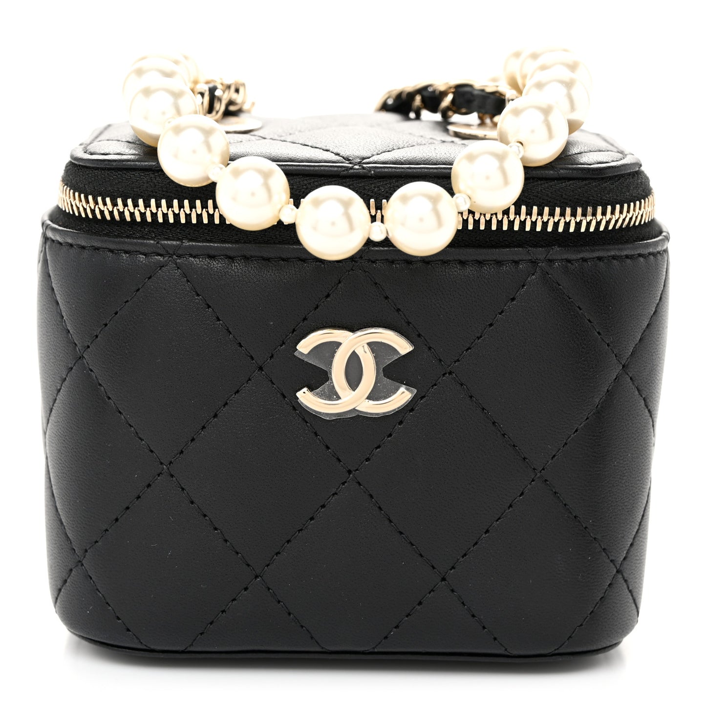 Lambskin Quilted Mini Vanity Case With Pearl Chain Black