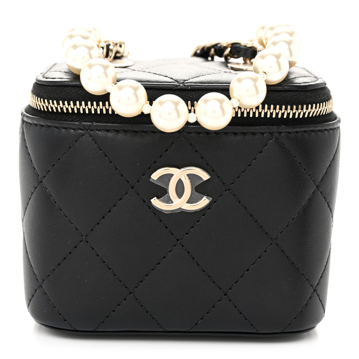 Chanel Lambskin Quilted Mini Vanity Case With Pearl Chain Black 1 of 11