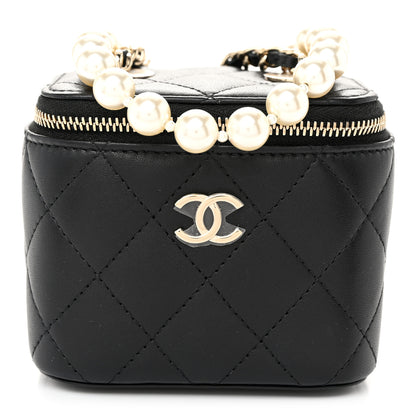 Chanel Lambskin Quilted Mini Vanity Case With Pearl Chain Black 1 of 11