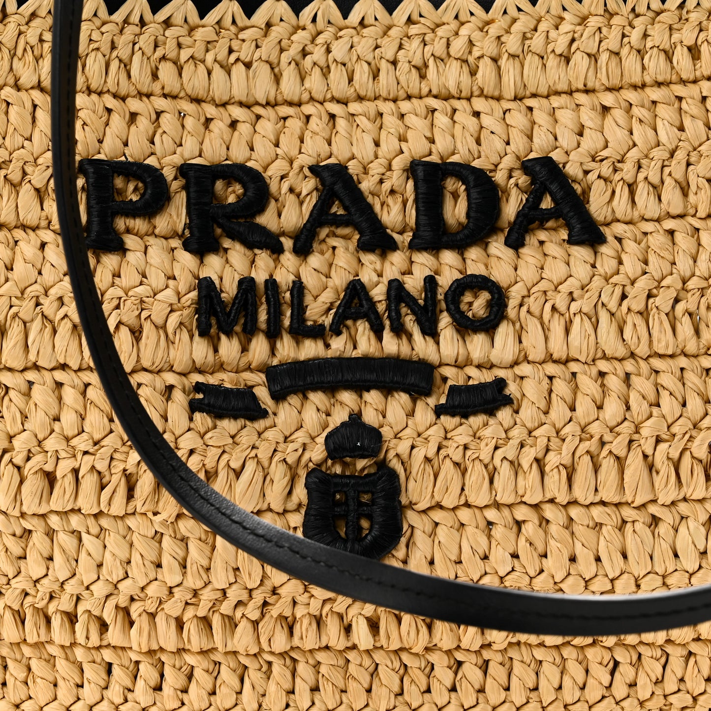 Yarn Raffia Effect Calfskin Crochet Embroidered Logo Tote Tan Black