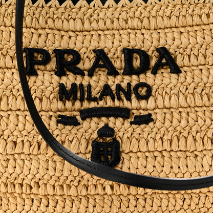Prada Yarn Raffia Effect Calfskin Crochet Embroidered Logo Tote Tan Black 7 of 9