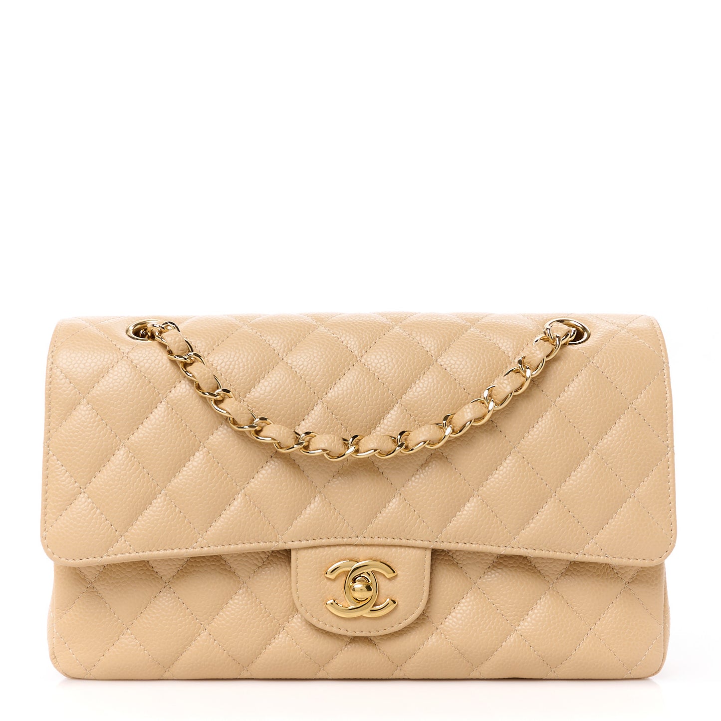 Caviar Quilted Medium Double Flap Beige