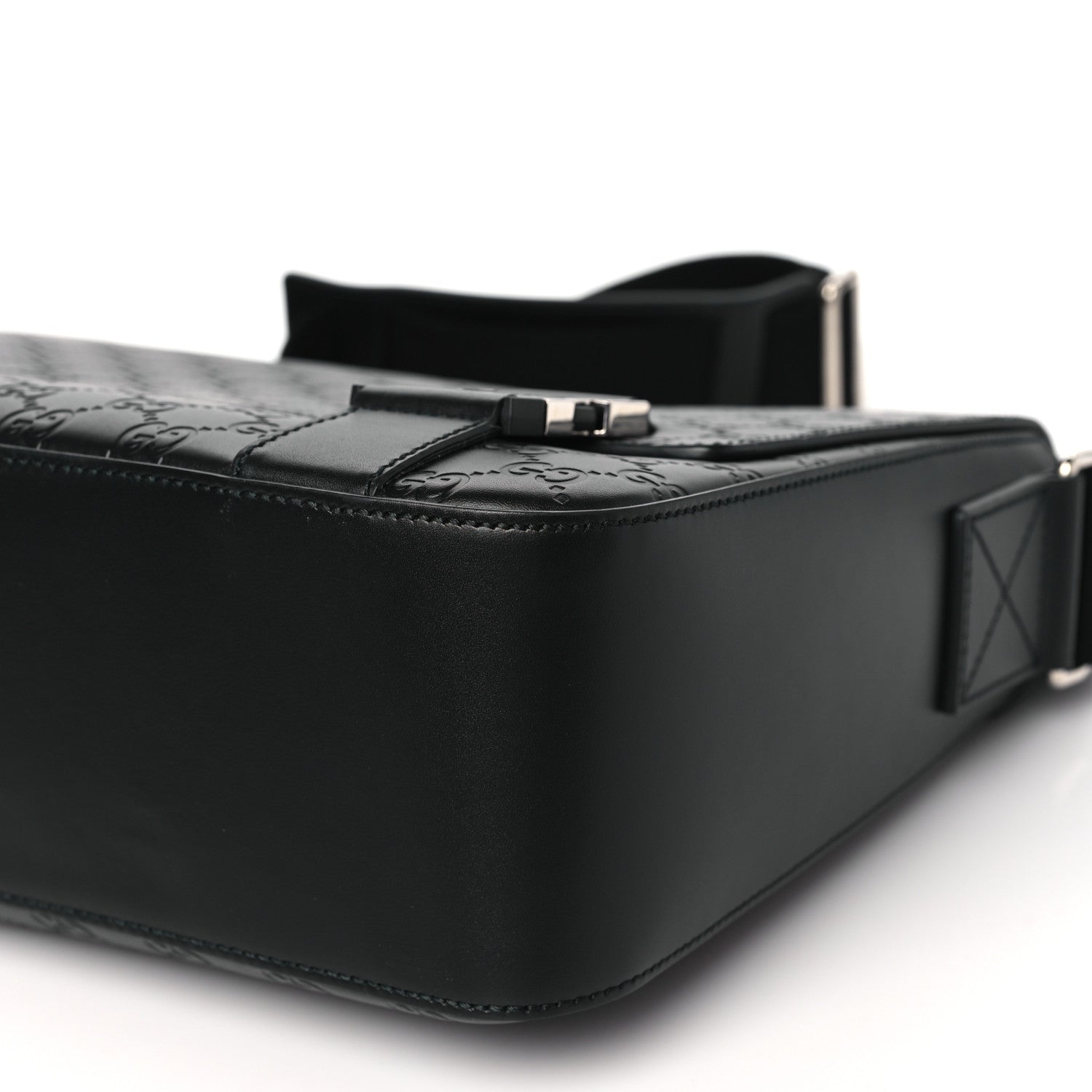 Gucci Guccissima Signature Medium Double Buckle Flap Messenger Bag Black 10 of 11