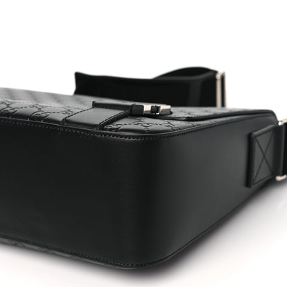 Gucci Guccissima Signature Medium Double Buckle Flap Messenger Bag Black 10 of 11