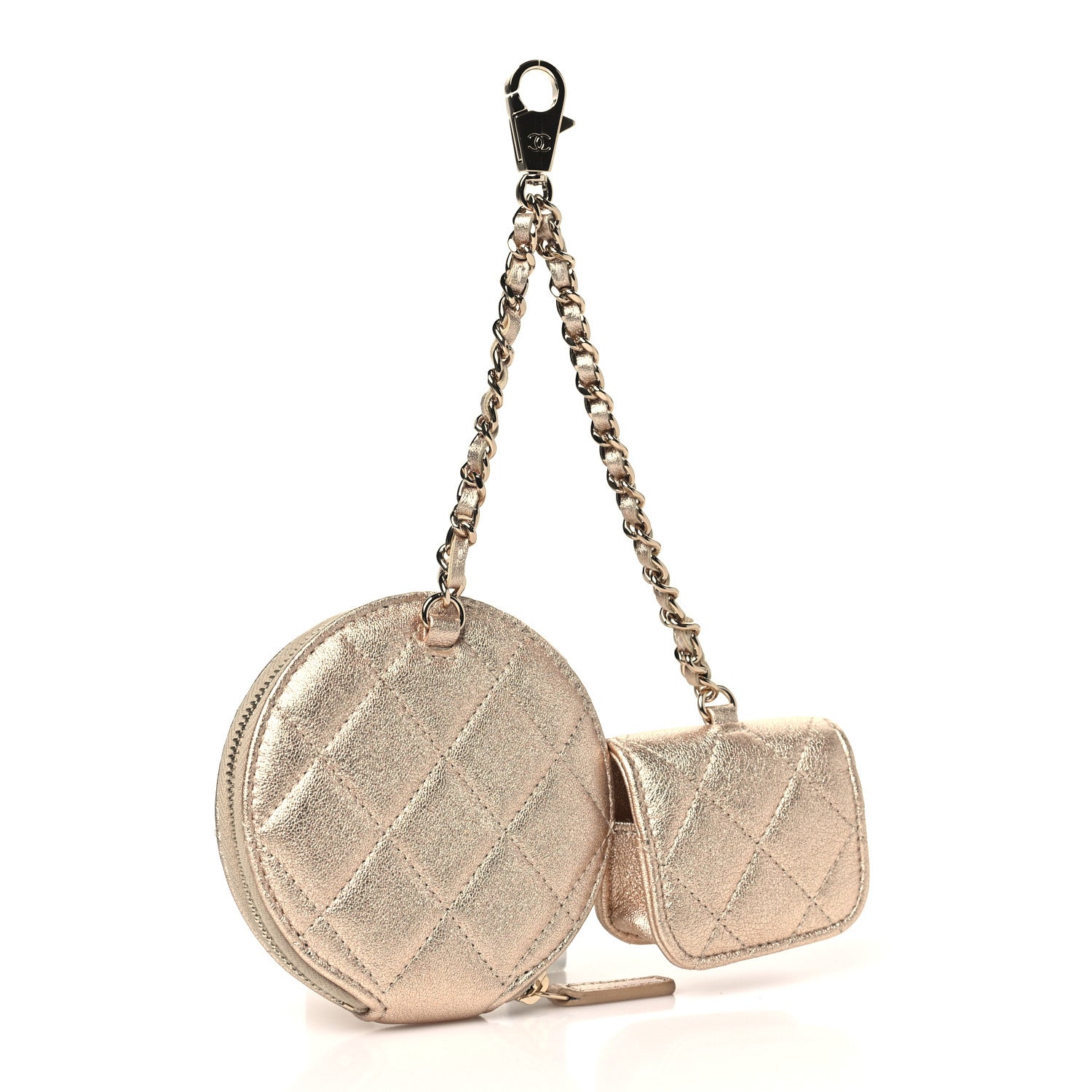 Chanel Metallic Lambskin Quilted Round Clip On Coin Purse Airpods Case Gold 3 of 12
