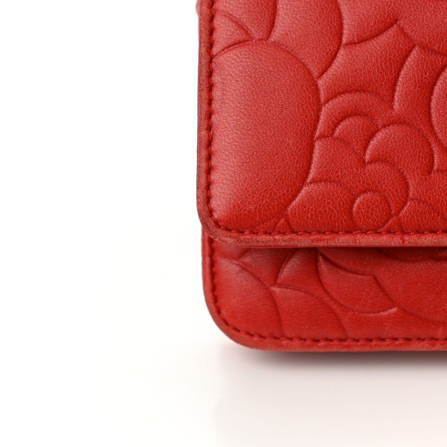 Lambskin Camellia Embossed Wallet on Chain WOC Red