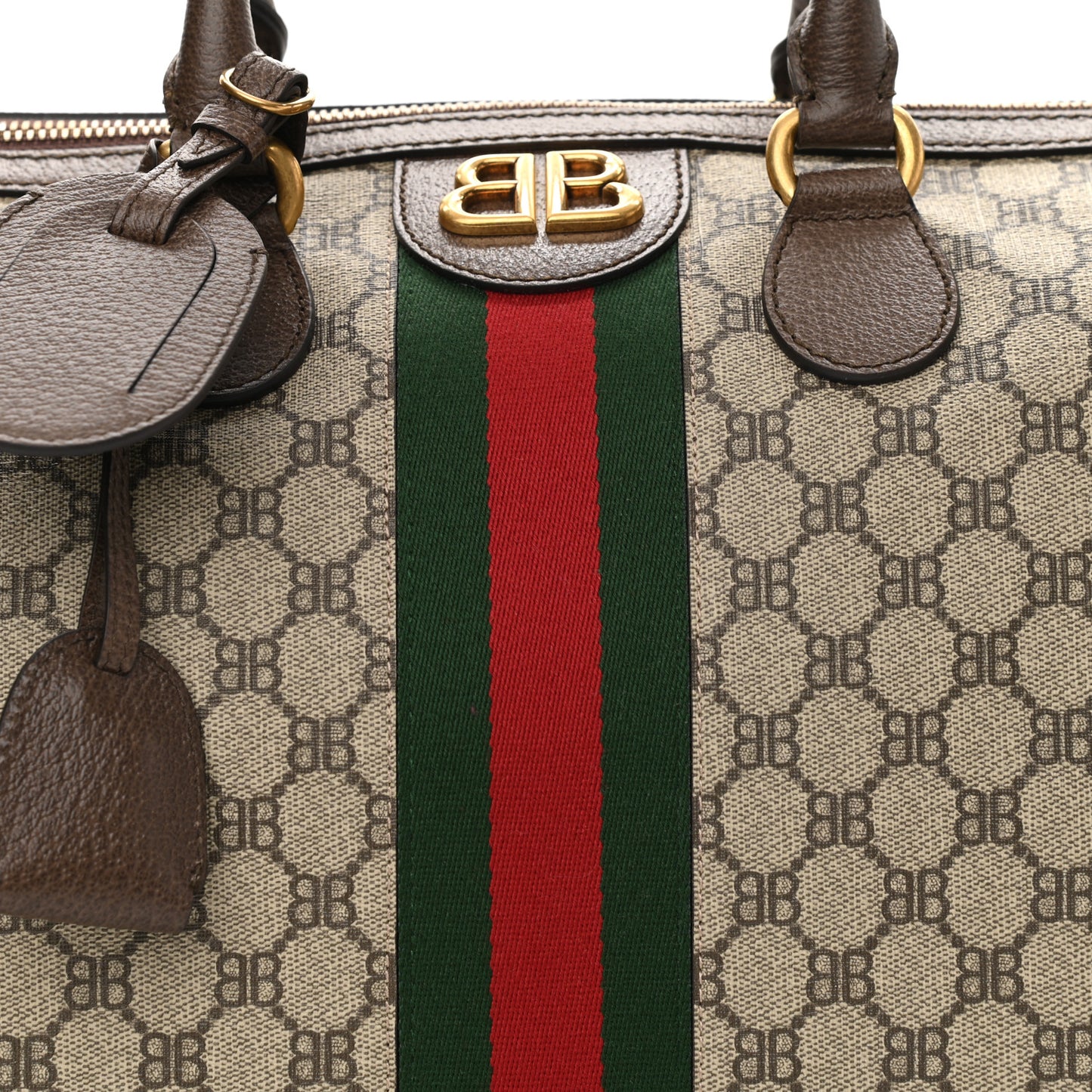 X BALENCIAGA BB Supreme Monogram Web Medium Ophidia Carry-On Duffle Bag Beige New Acero