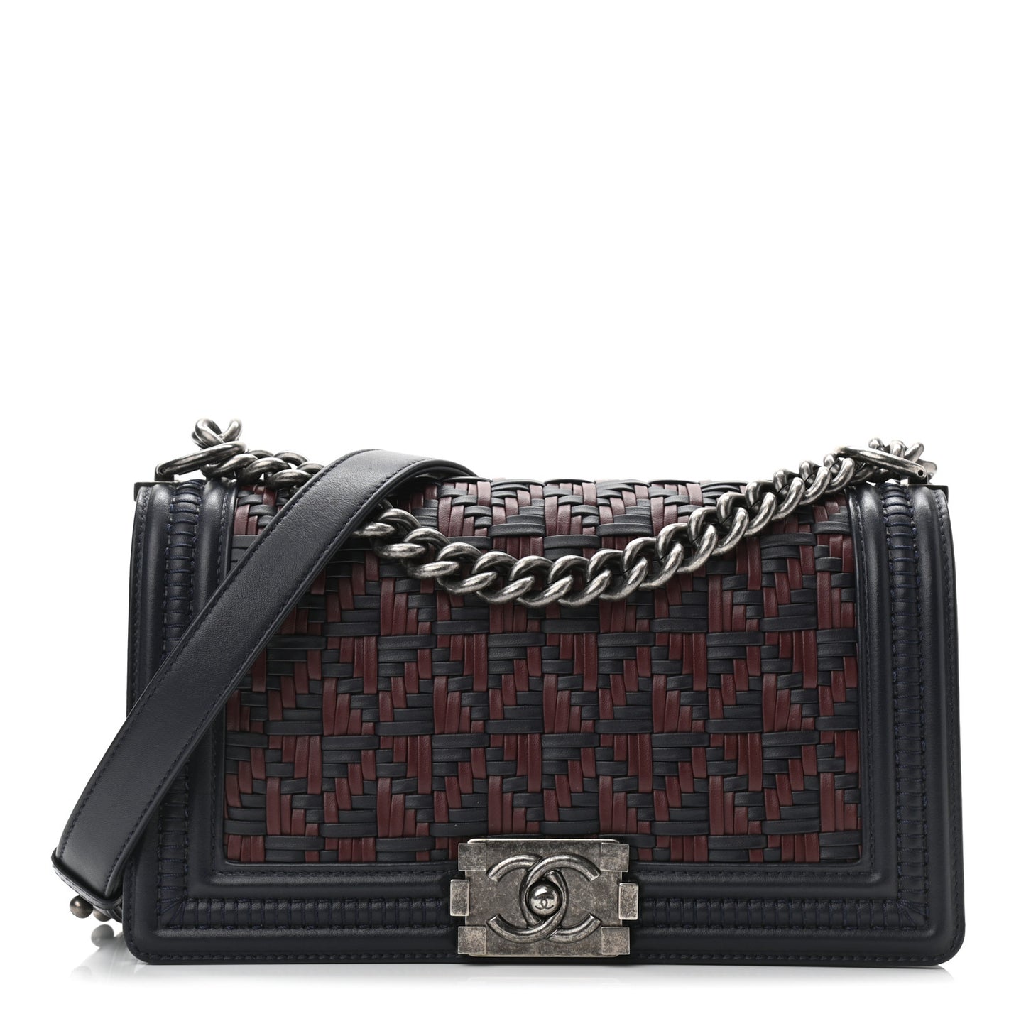 Calfskin Woven Medium Boy Flap Blue Burgundy