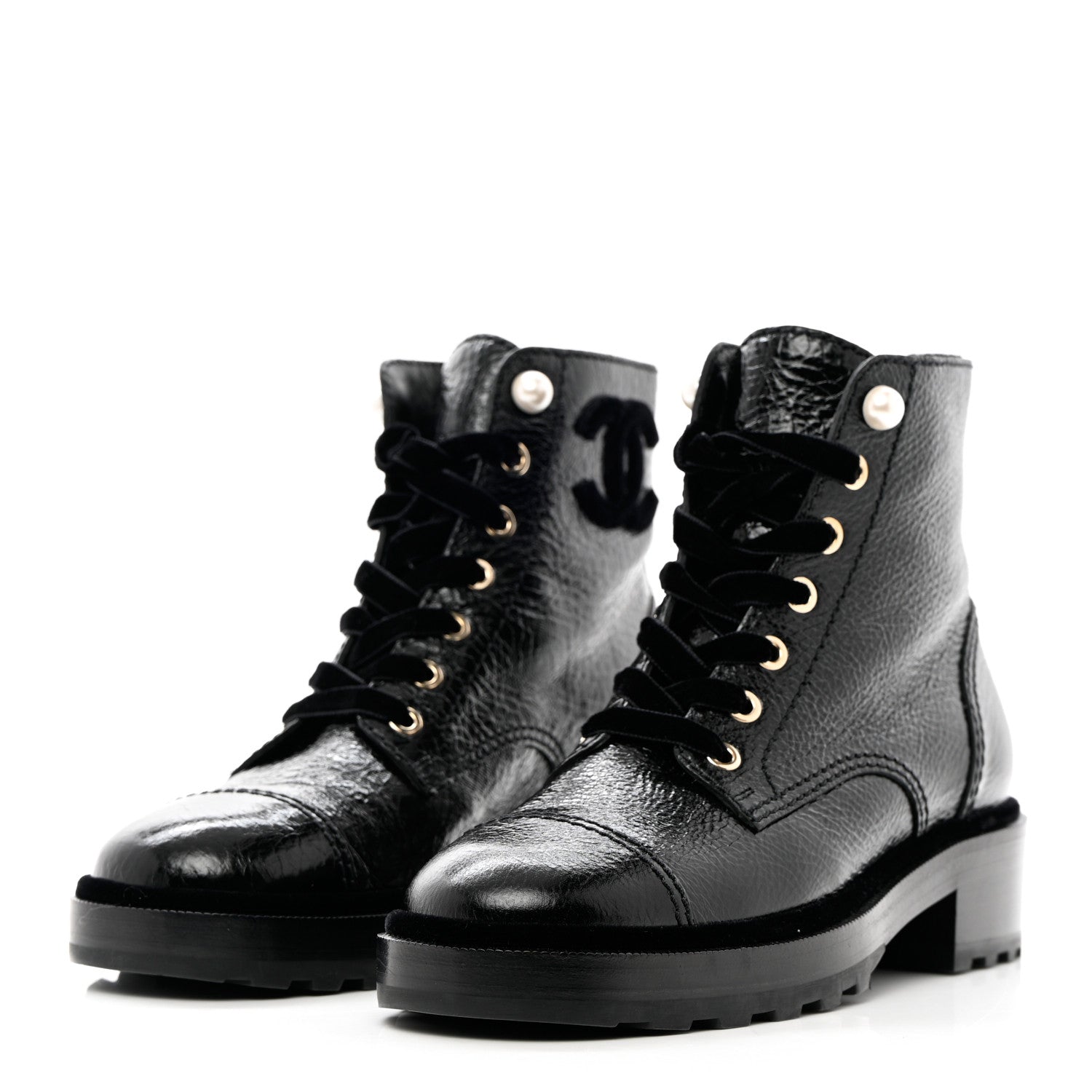 Chanel Shiny Calfskin Velvet Pearl Combat Short Boots 37.5 Black 3 of 10