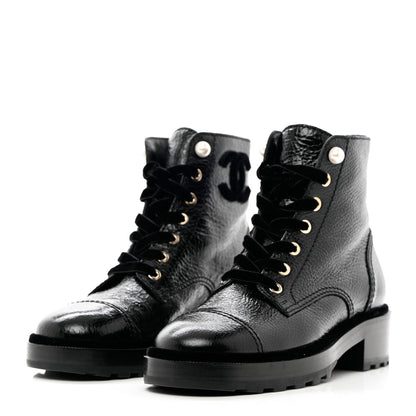 Chanel Shiny Calfskin Velvet Pearl Combat Short Boots 37.5 Black 3 of 10