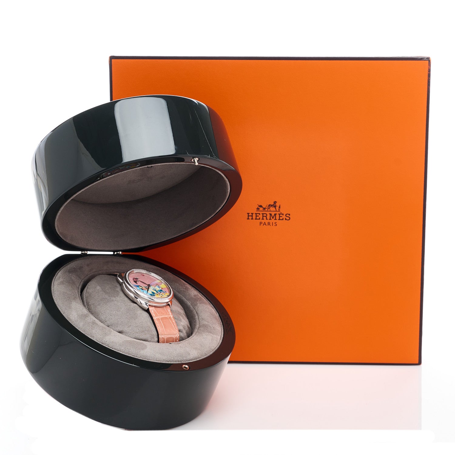 Hermes 18K White Gold Alligator Diamond Pink Opaline 38mm Space Derby Automatic Watch Old Rose 5 of 5
