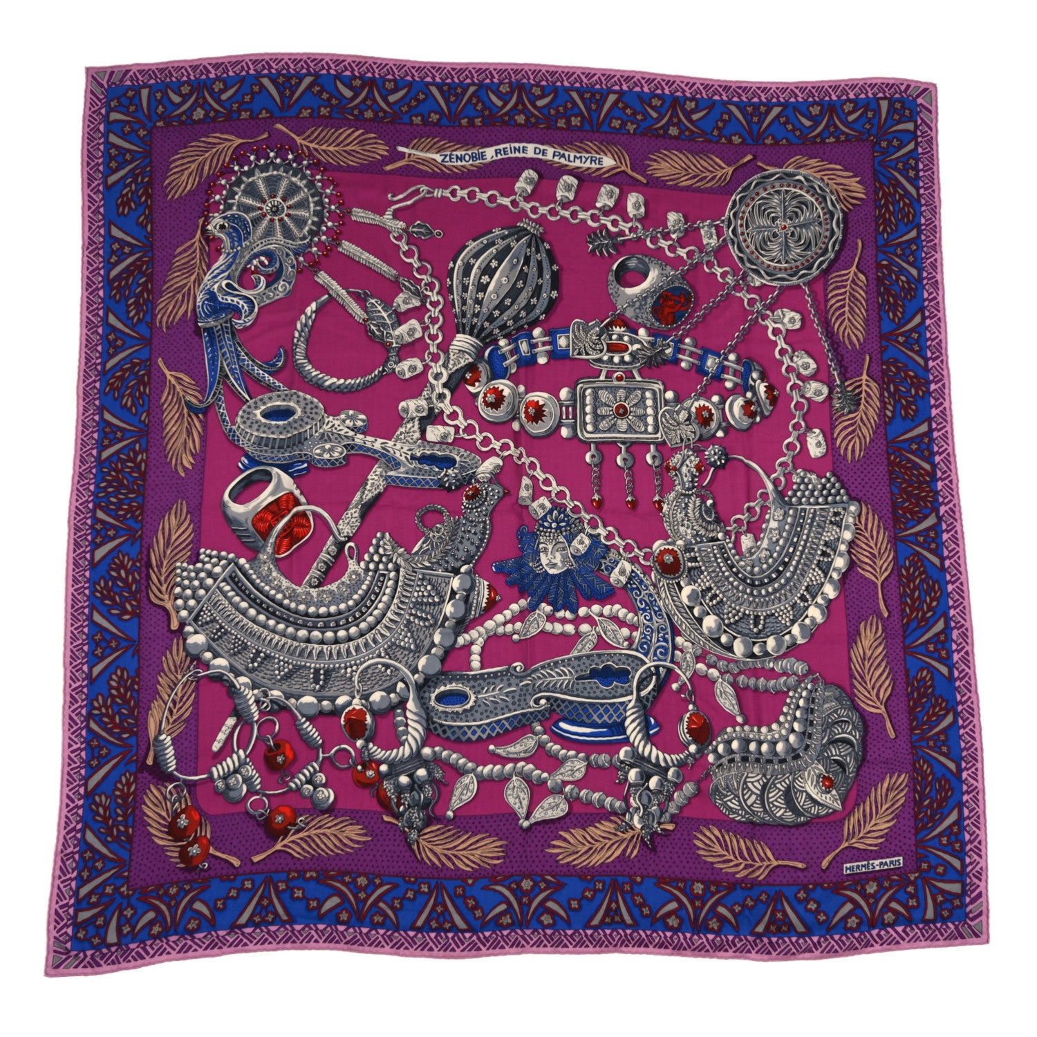 Hermes Cashmere Silk Zenobie Reine de Palmyre Shawl 140 Fuchsia Gris Acier Violet 1 of 3