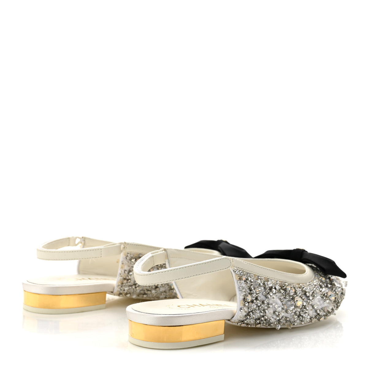 Satin Crystal Lambskin Grossgrain Bow CC Slingback Flats 38 White Black