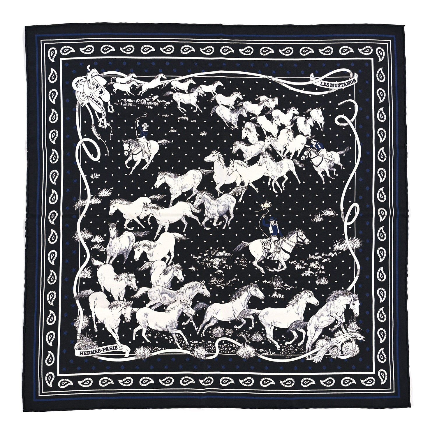 Hermes Silk Les Mustangs Bandana 55 Marine Black White 1 of 3