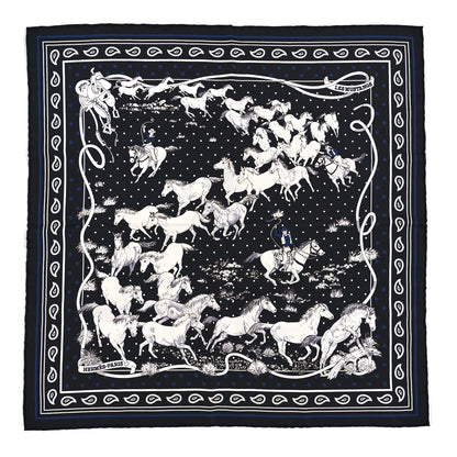 Hermes Silk Les Mustangs Bandana 55 Marine Black White 1 of 3
