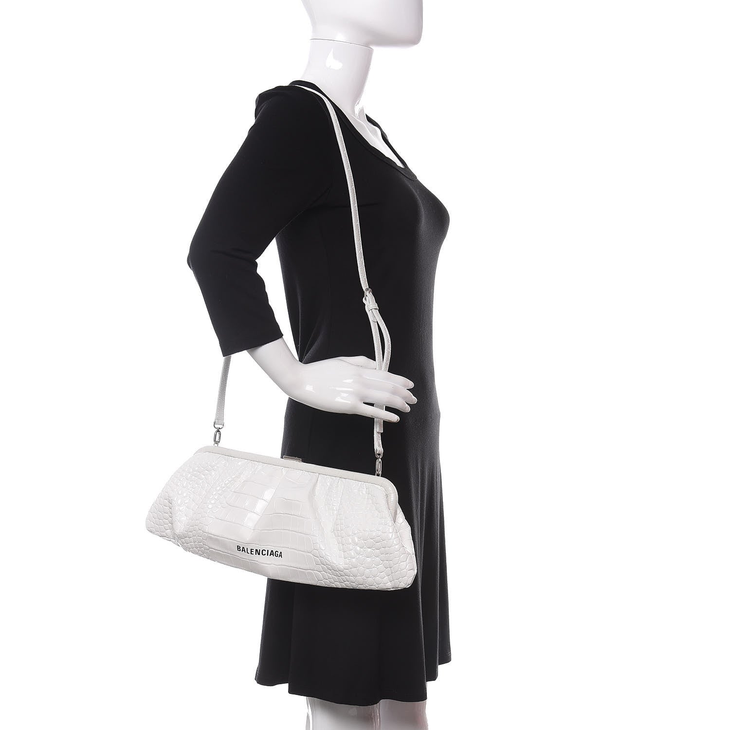 Balenciaga Shiny Supple Calfskin Logo Crocodile Embossed XL Cloud Clutch White 2 of 10