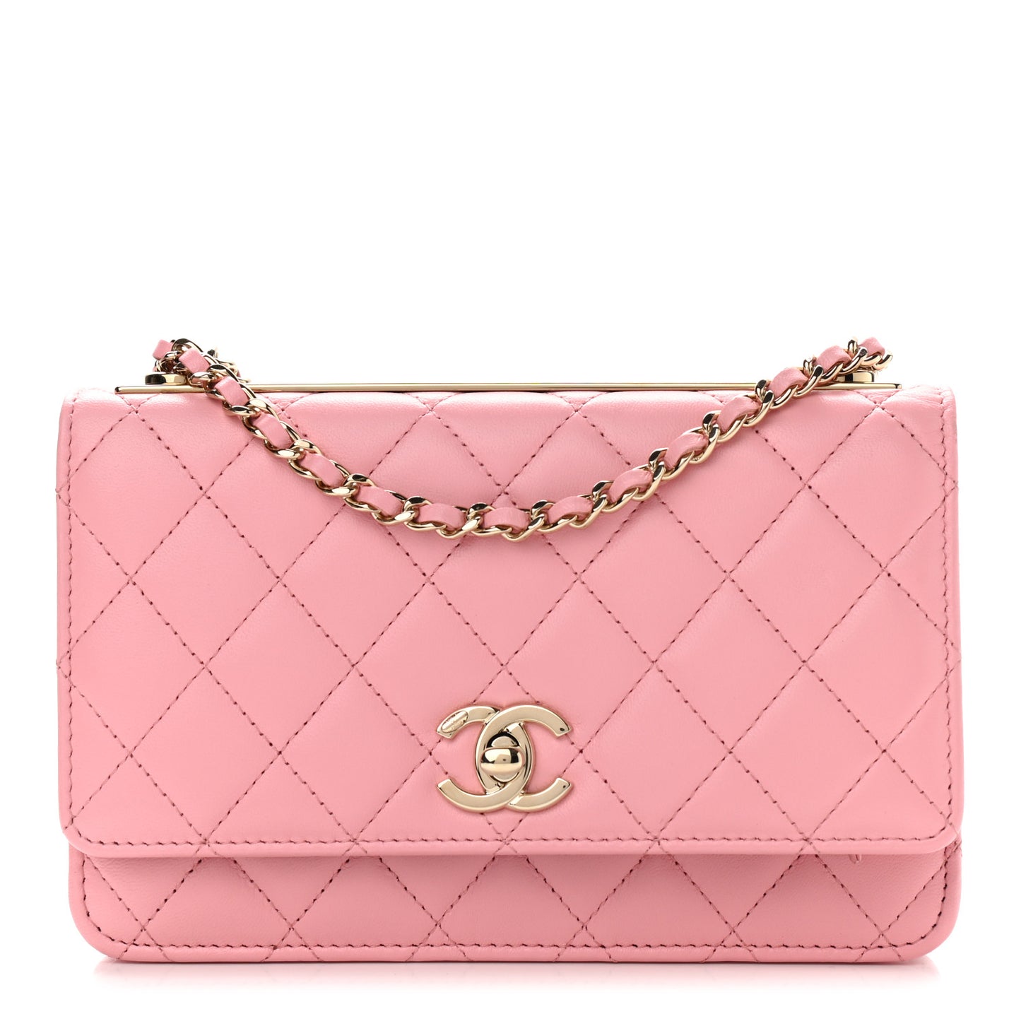 Lambskin Quilted Trendy CC Wallet On Chain WOC Pink