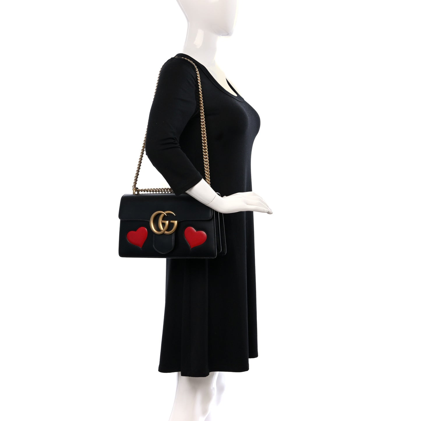 Knight Calfskin Malaga Kid Heart Medium GG Marmont Chain Handle Bag Black Hibiscus Red Multicolor