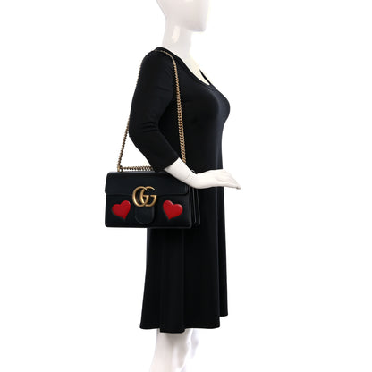 Gucci Knight Calfskin Malaga Kid Heart Medium GG Marmont Chain Handle Bag Black Hibiscus Red Multicolor 3 of 9