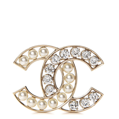 Chanel Pearl Crystal CC Brooch Gold Pearly White 1 of 6