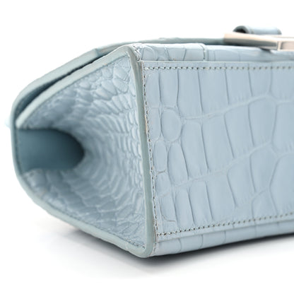 Balenciaga Shiny Calfskin Crocodile Embossed Hourglass Top Handle Bag XS Blue Grey 7 of 10