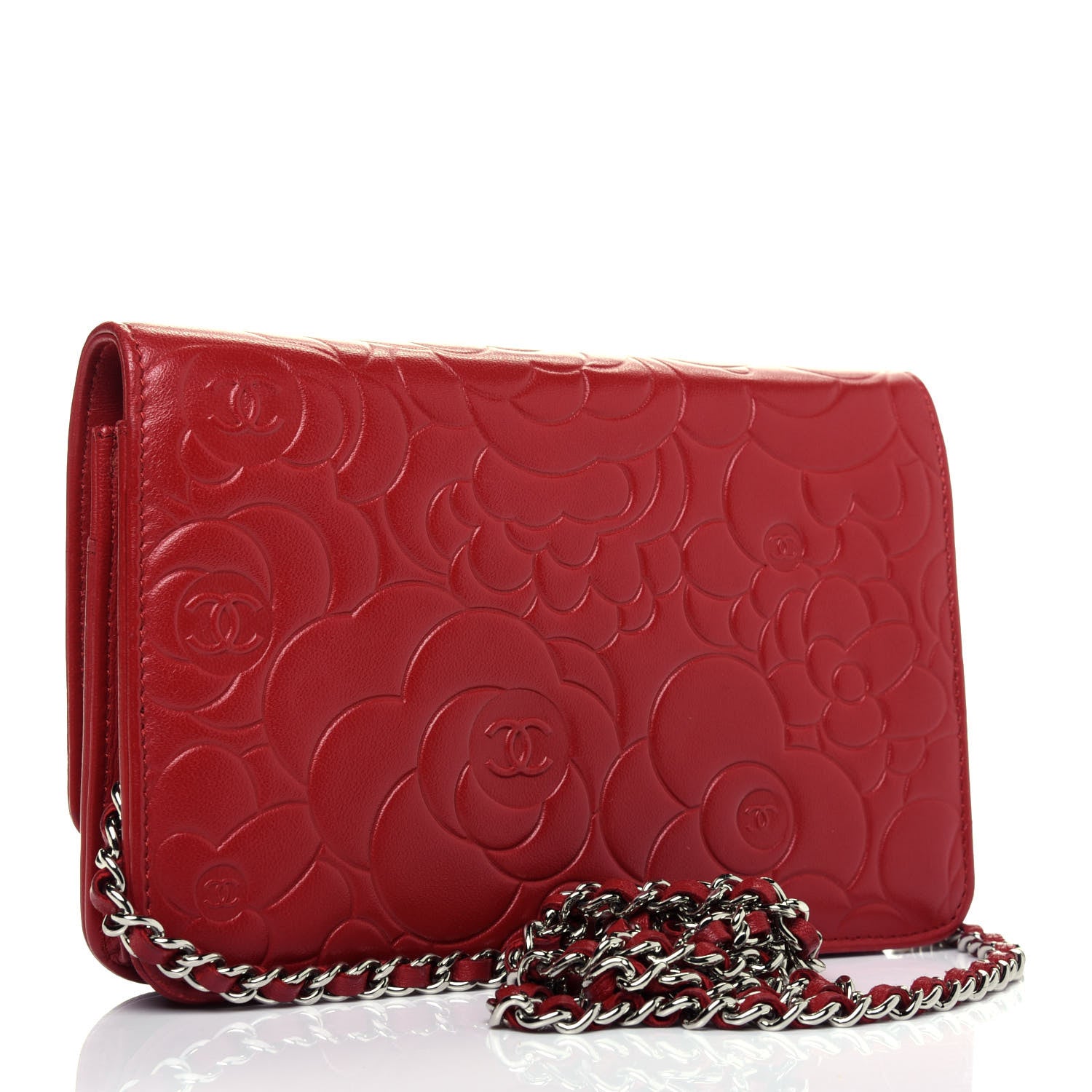 Chanel Lambskin Camellia Embossed Wallet On Chain WOC Red 3 of 21