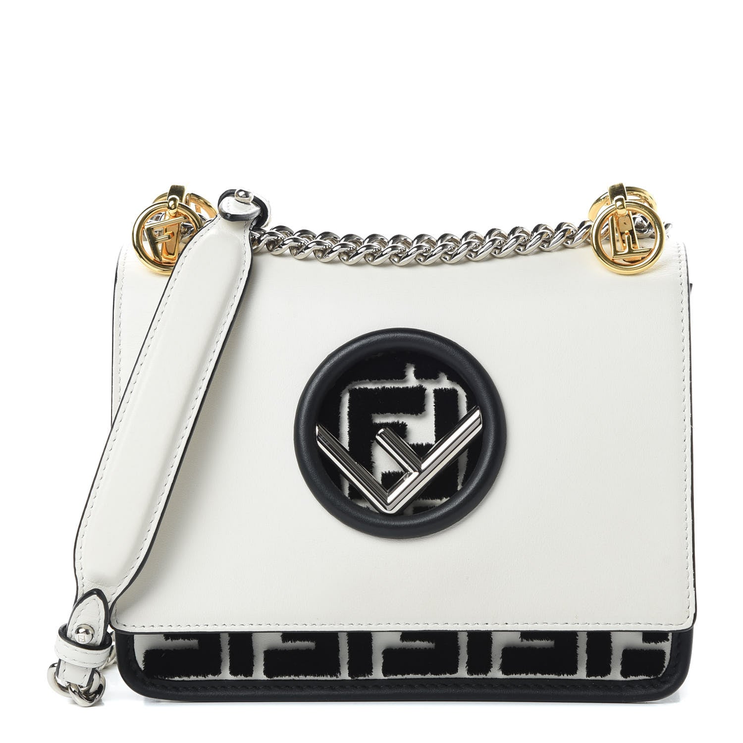 Fendi Vitello Century Velvet F is Fendi FF Embroidered Small Kan I Shoulder Bag White Black 1 of 12