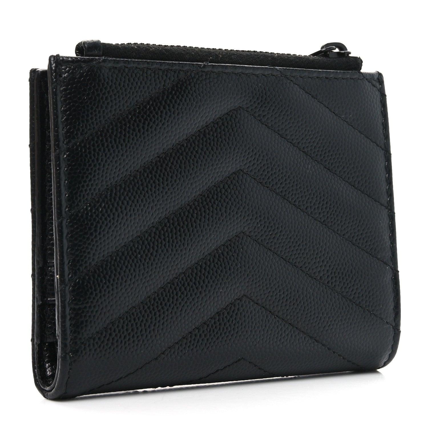 Saint Laurent Grain De Poudre Matelasse Chevron Monogram Zipped Card Case Black 3 of 8