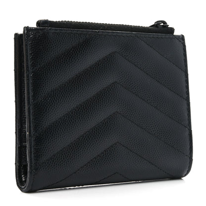 Saint Laurent Grain De Poudre Matelasse Chevron Monogram Zipped Card Case Black 3 of 8