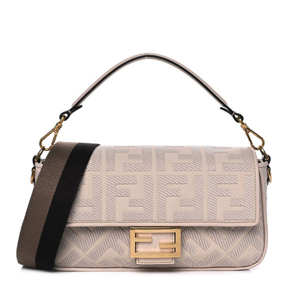 Fendi Canvas Vitello King Bi-Color Strap FF Embroidered Baguette Poudre 1 of 15