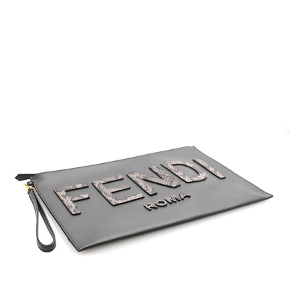Fendi Vitello King Luxor Elaphe Snakeskin Print Logo Medium Flat Pouch Anthracite Asphalt 4 of 6