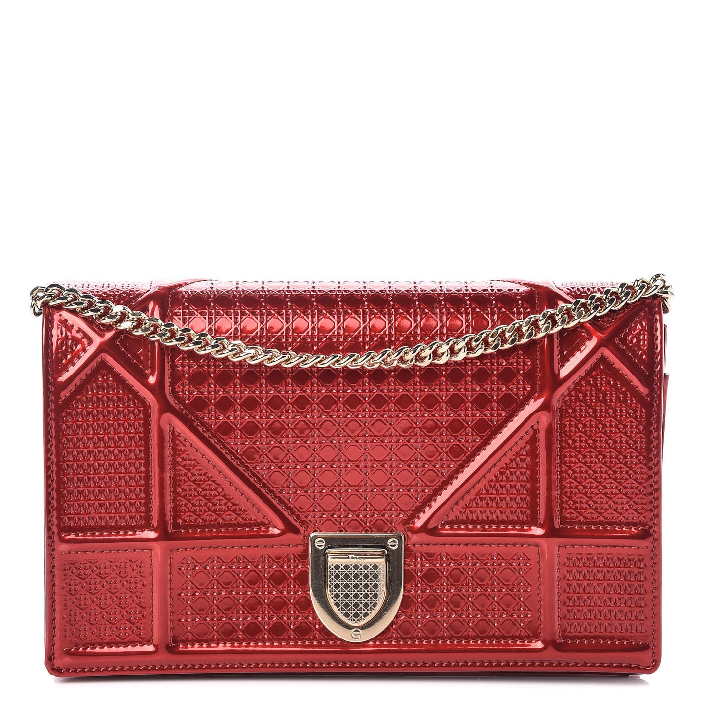 Metallic Patent Micro-Cannage Diorama Wallet on Chain Pouch Red