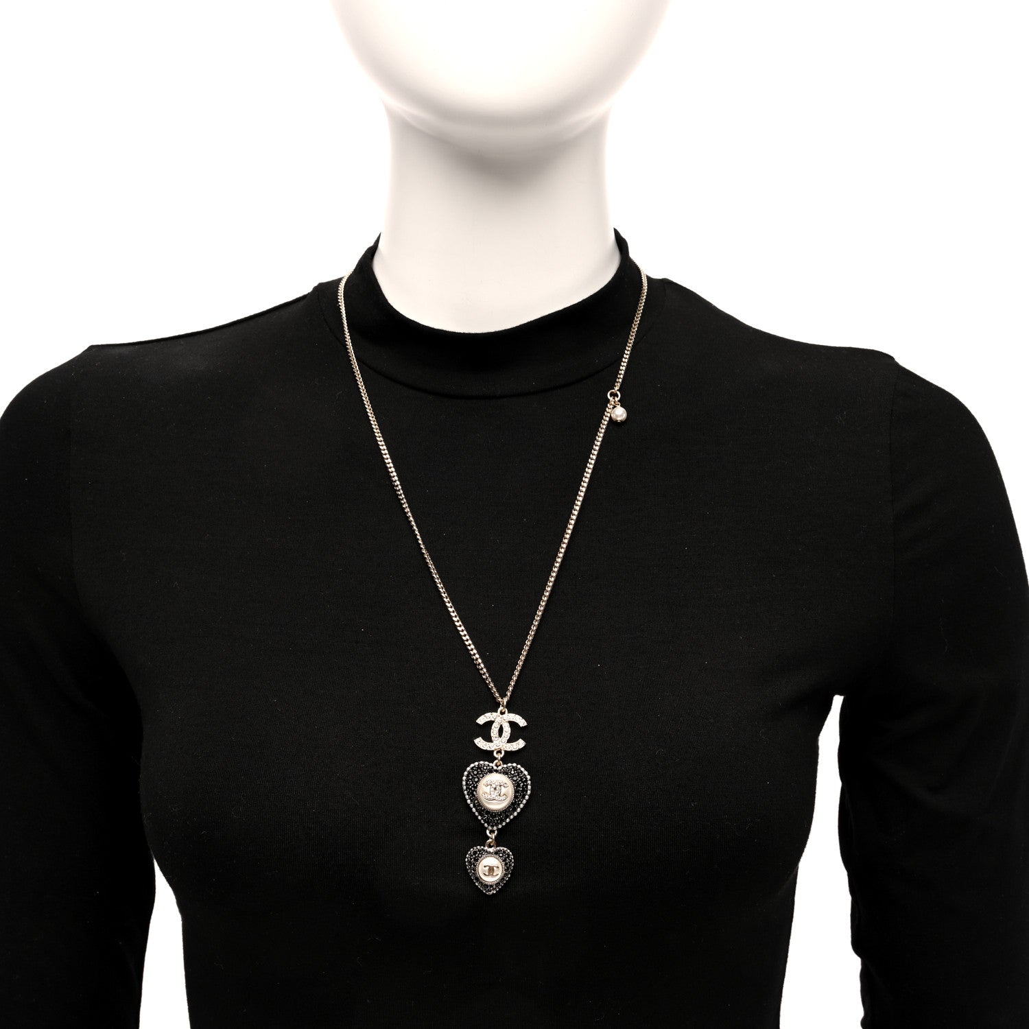 Chanel Crystal CC Heart Necklace Black Pearly White Gold 2 of 5
