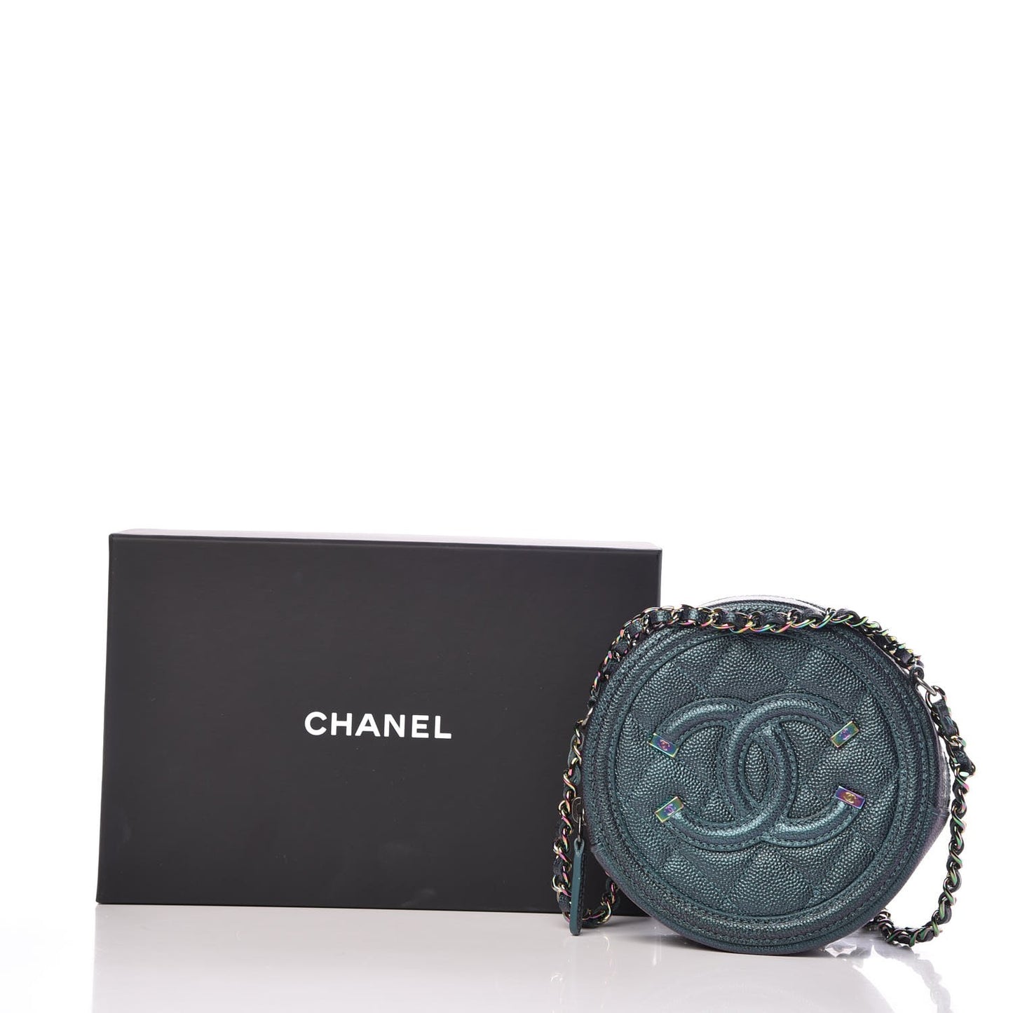 Iridescent Caviar Quilted Round Filigree Crossbody Dark Turquoise