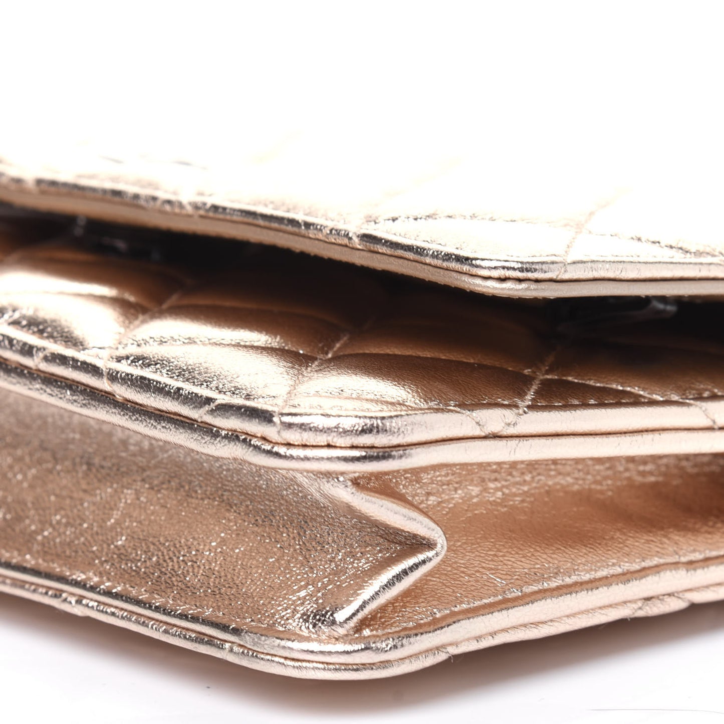 Metallic Lambskin Quilted Wallet On Chain WOC Gold Black