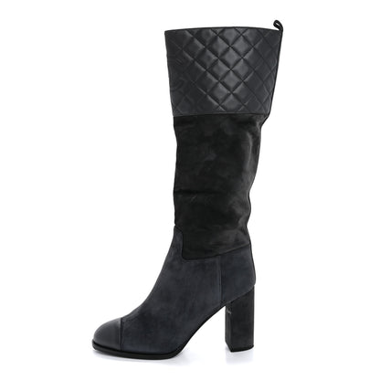 Chanel Suede Calfskin Lambskin Quilted Knee High Boots 40 Grey 1 of 8
