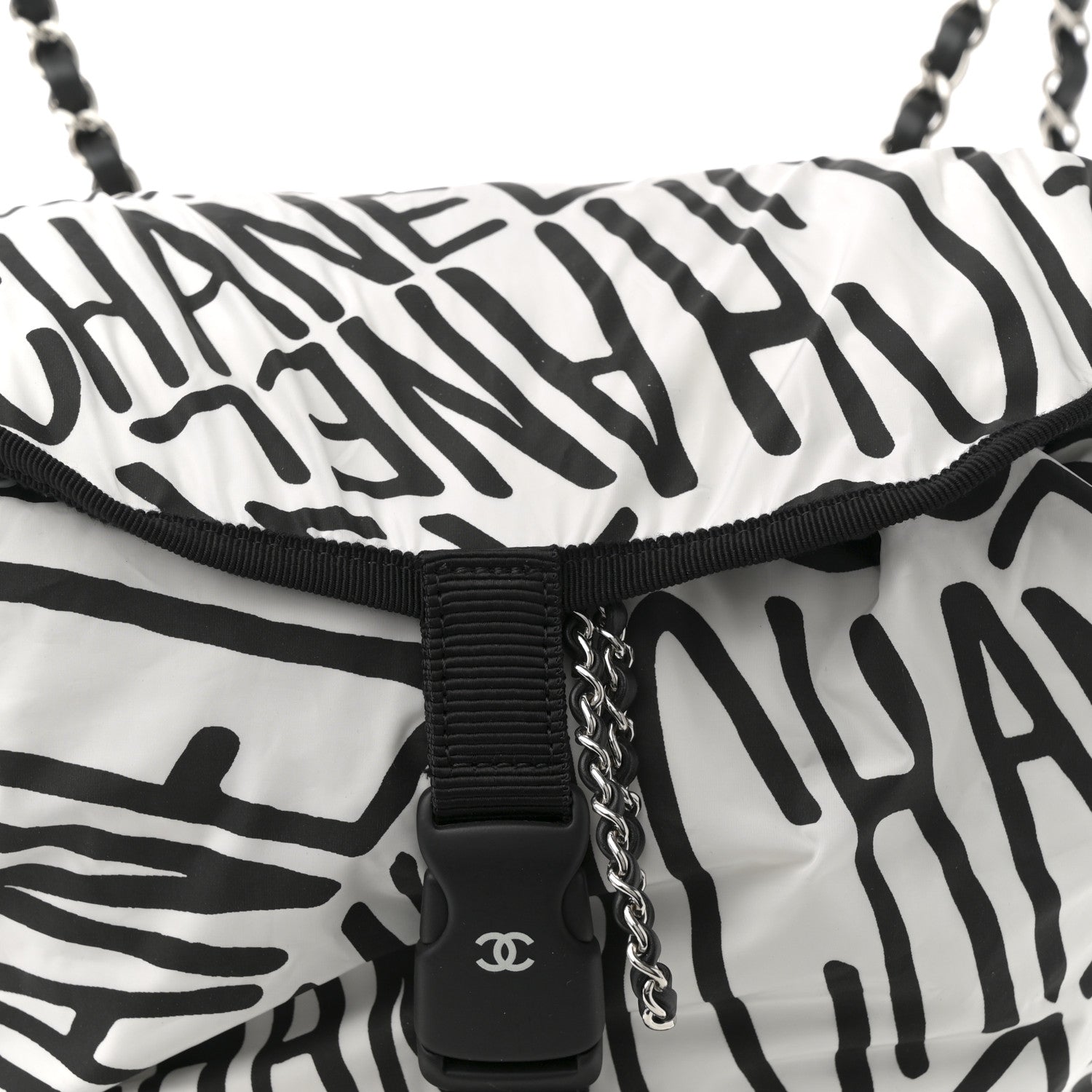 Chanel Nylon Printed Quilted Coco Neige Convertible Backpack Black White 16 of 25