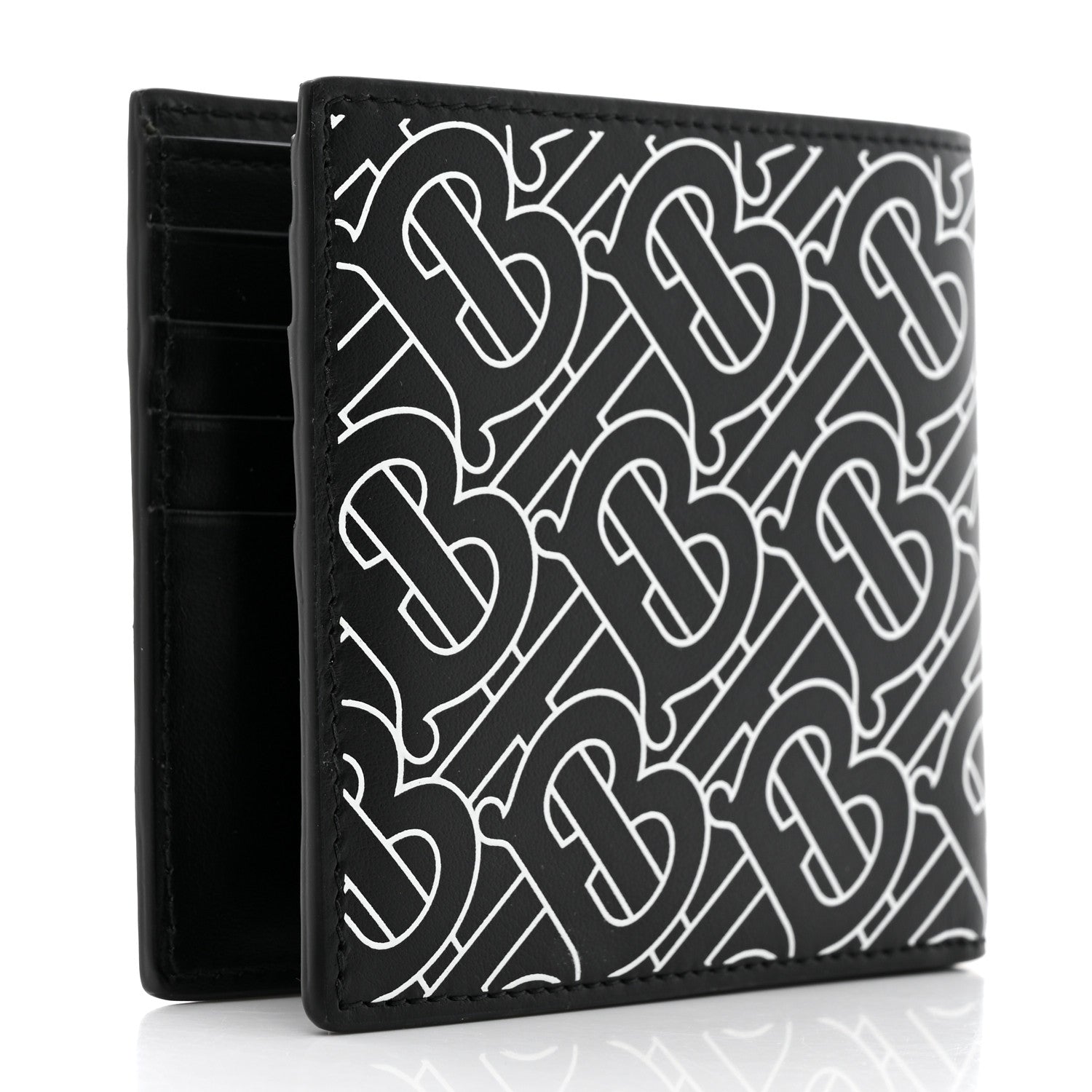 Burberry Calfskin Embossed TB Print Bi-Fold Wallet Black White 3 of 8