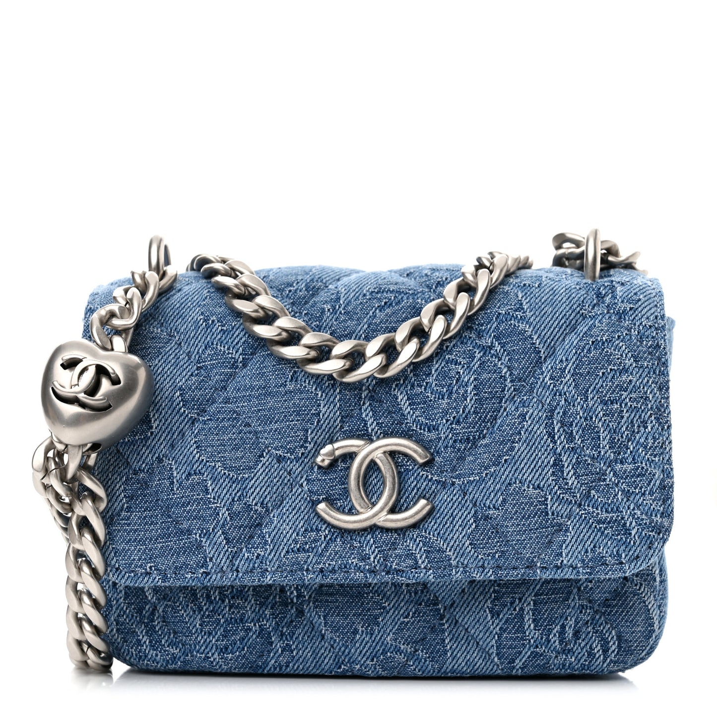Denim Quilted Camellia Sweetheart Card Holder With Chain Blue