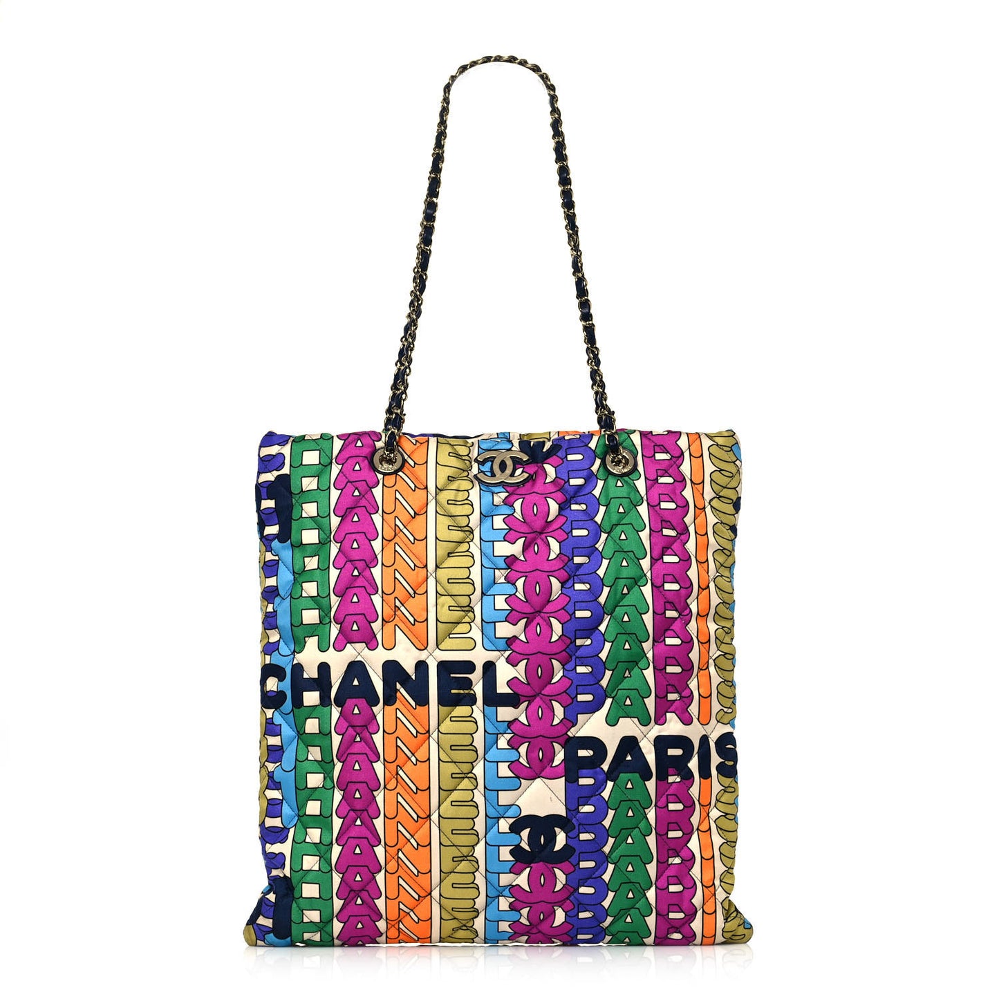 Printed Fabric Quilted Logo Large Shopping Tote Multicolor