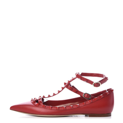 Valentino Garavani Calfskin Lacquered Monochrome Rockstud Cage Ballerina Flats 39.5 Rosso Valentino 1 of 7
