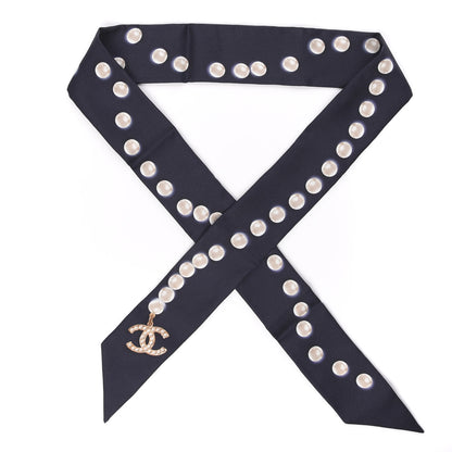 Chanel Silk Pearl CC Slim Bandeau Scarf Navy 1 of 6