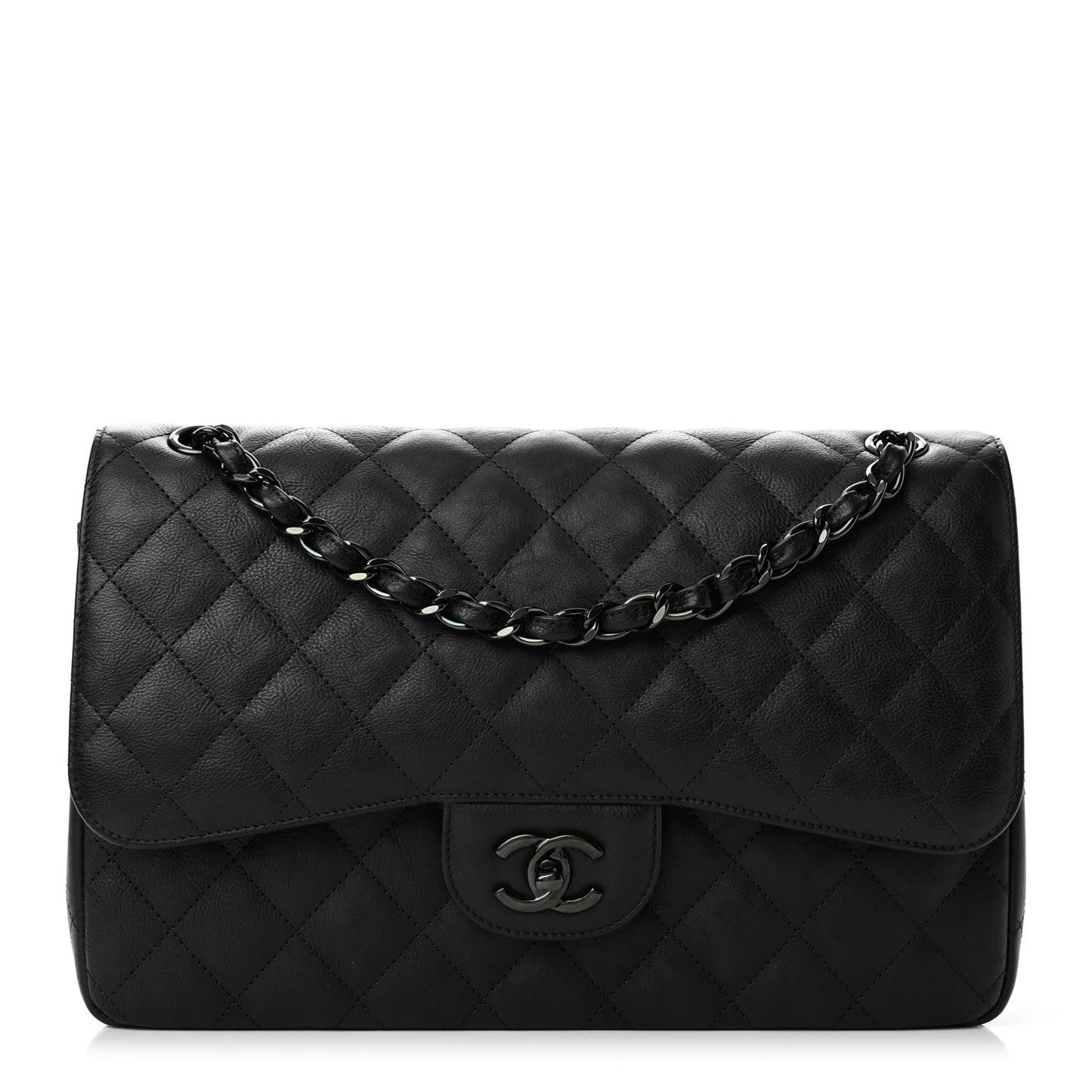 Crumpled Calfskin Quilted Jumbo Double Flap So Black