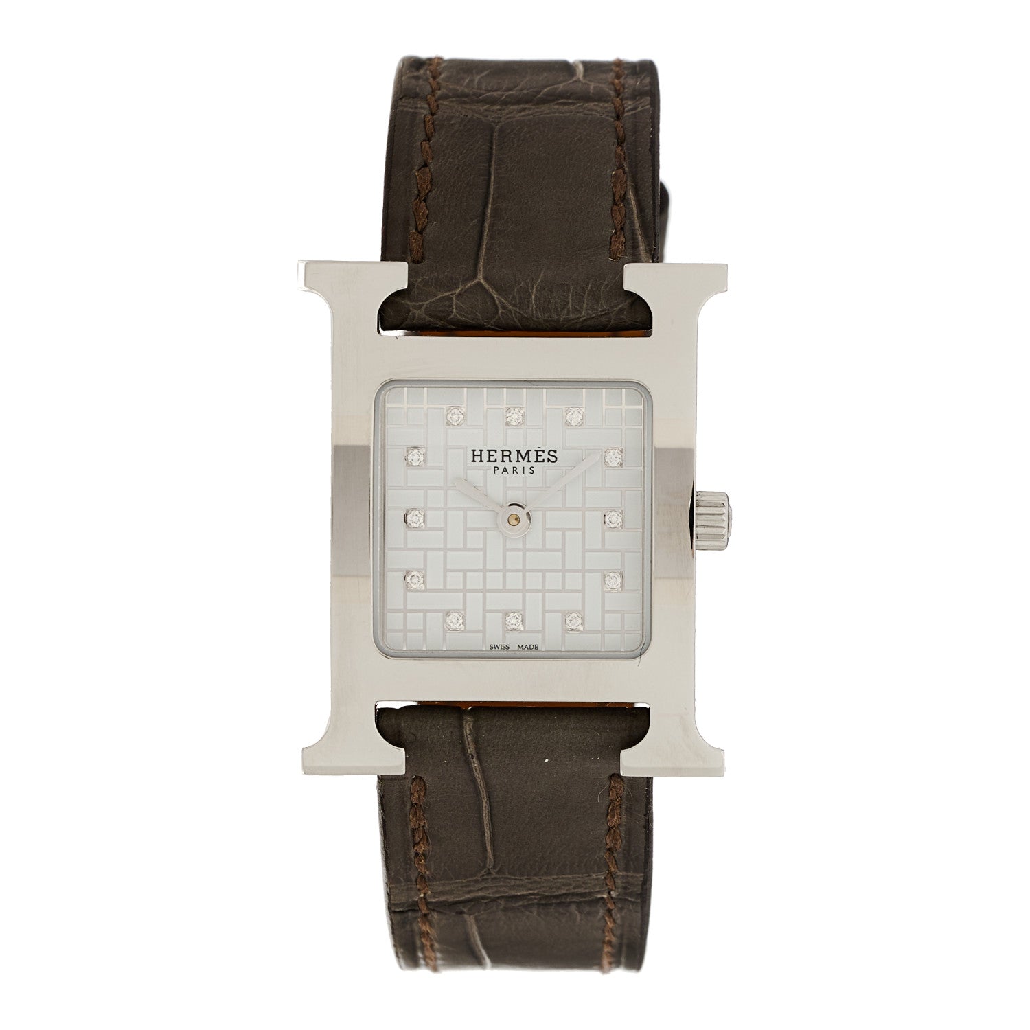 Hermes Stainless Steel Alligator Diamond Mother of Pearl 21mm Heure H Hour Quartz Watch Gris Perle 1 of 5