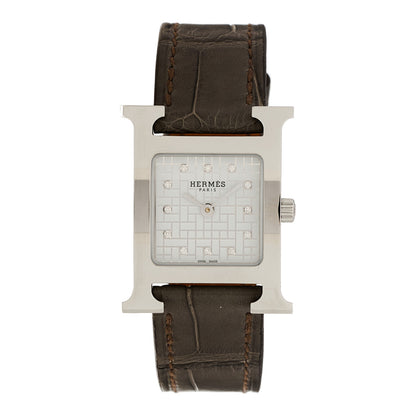 Hermes Stainless Steel Alligator Diamond Mother of Pearl 21mm Heure H Hour Quartz Watch Gris Perle 1 of 5