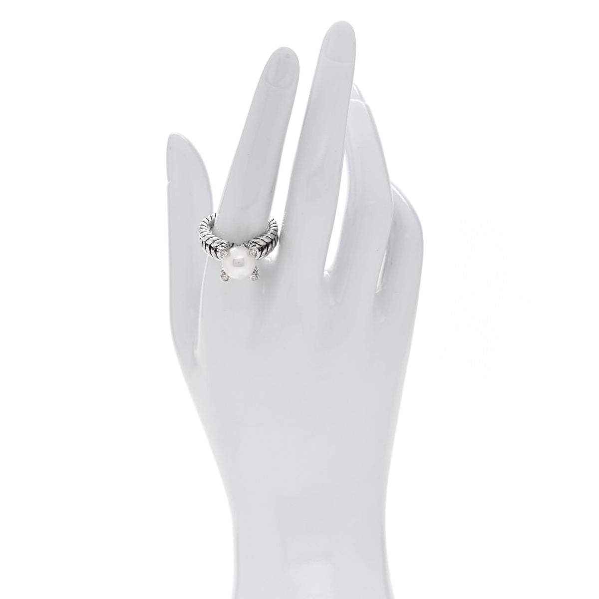 David Yurman Sterling Silver Diamond Cultured Pearl 10mm Cable Ring 57 8 2 of 5